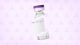 A medication bottle cut into thirds is shown on a light purple background with a warning sign pattern.
GoodRx Health