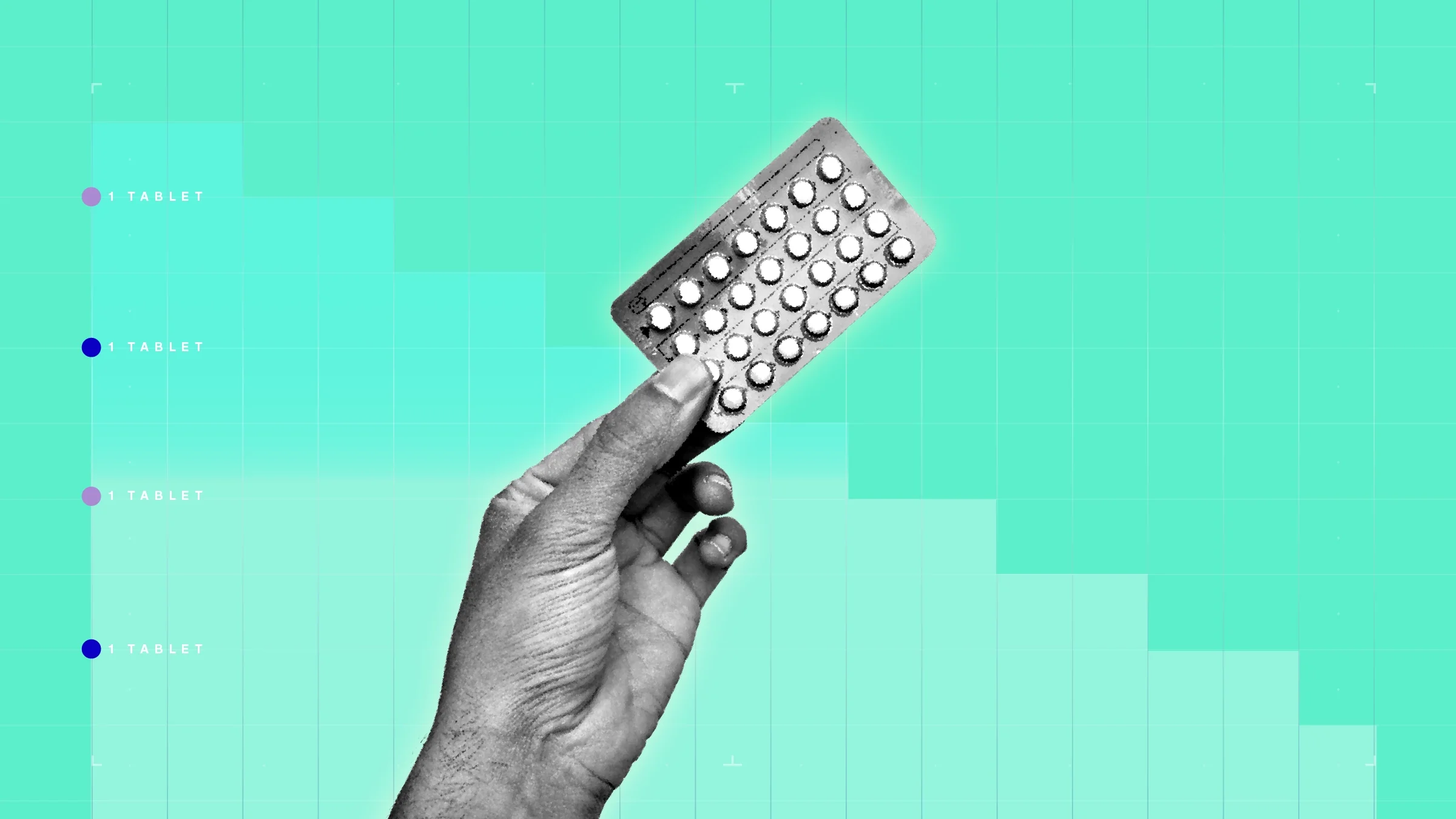 Bright teal background with graph paper texture and representational step graph. In the center is a black and white cutout of a hand holding a birth control blister pack.