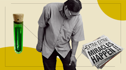 Custom graphic of a man with knee pain and items that represent how it feels to take a medication — including a potion bottle and a newspaper with a headline reading “Miracles Happen!”
GoodRx Health