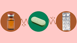 Light-red background with three circles across the frame. In the center, on a green circle, is a single green pill. On the left, on a red circle, is a medication vial with a red cap. On the right, on a red circle, is a blister pack of white round pills. 
GoodRx Health