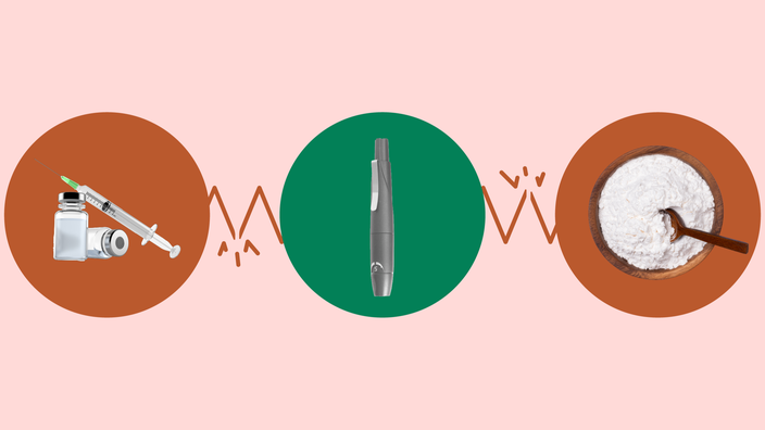 Custom graphic showing what kinds of medications interact with Skyrizi. In the center is a gray insulin injector on a green circle. On the left is a syringe and live vaccine vial on a red circle. On the right is a wooden bowl of glucosamine supplement powder on a red circle. All are connected with a broken zig-zag line.