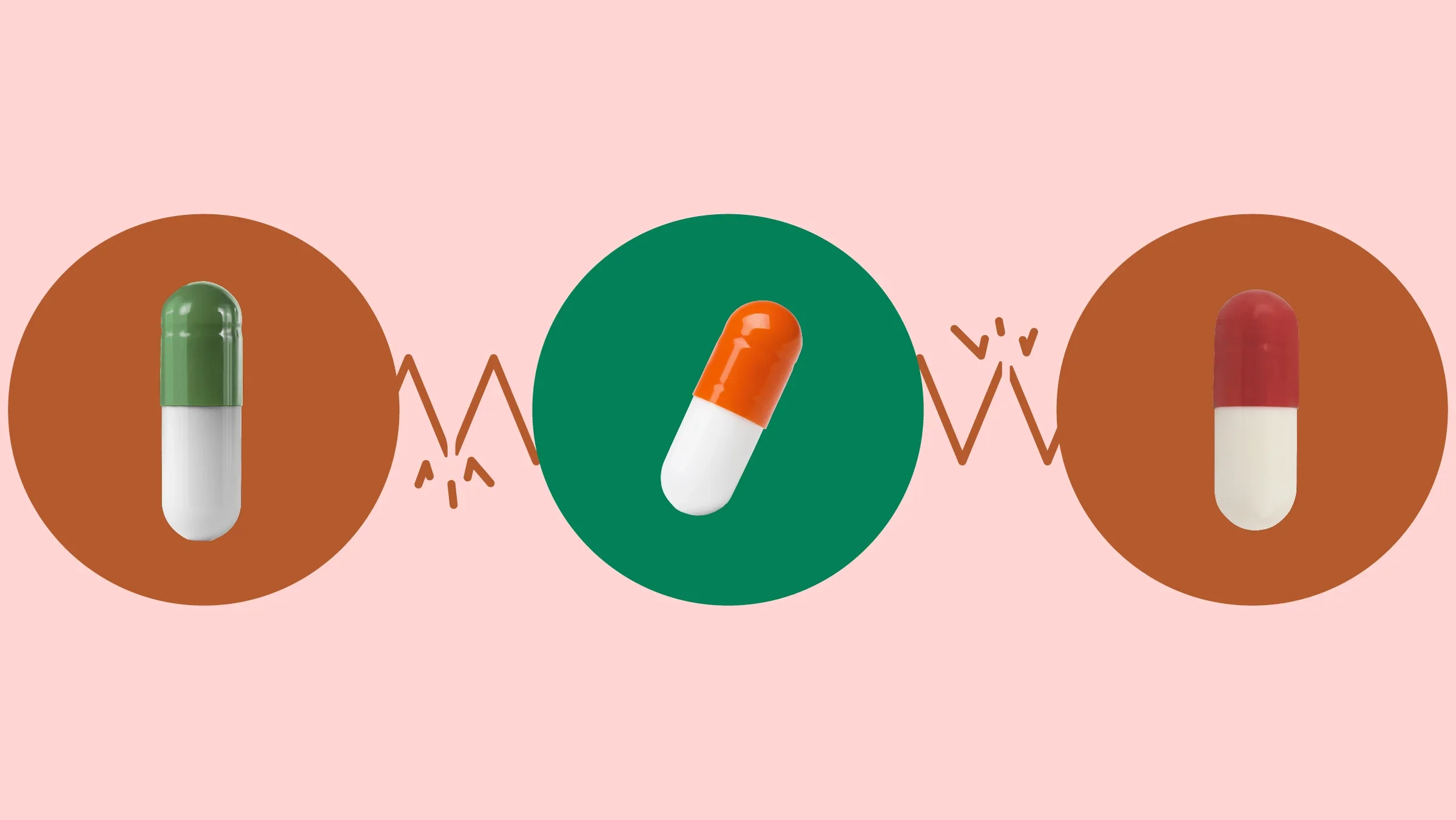 Custom graphic showing the medications that interact with Adderall. In the center, on a green circle, is an orange and white capsule pill. On the left, on a red circle, is a green and white capsule pill. On the right, on a red circle, is a red and white capsule pill.
GoodRx Health