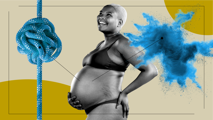 A custom graphic shows a pregnant woman surrounded by a knotted rope and powder explosion to represent Braxton Hicks contractions.