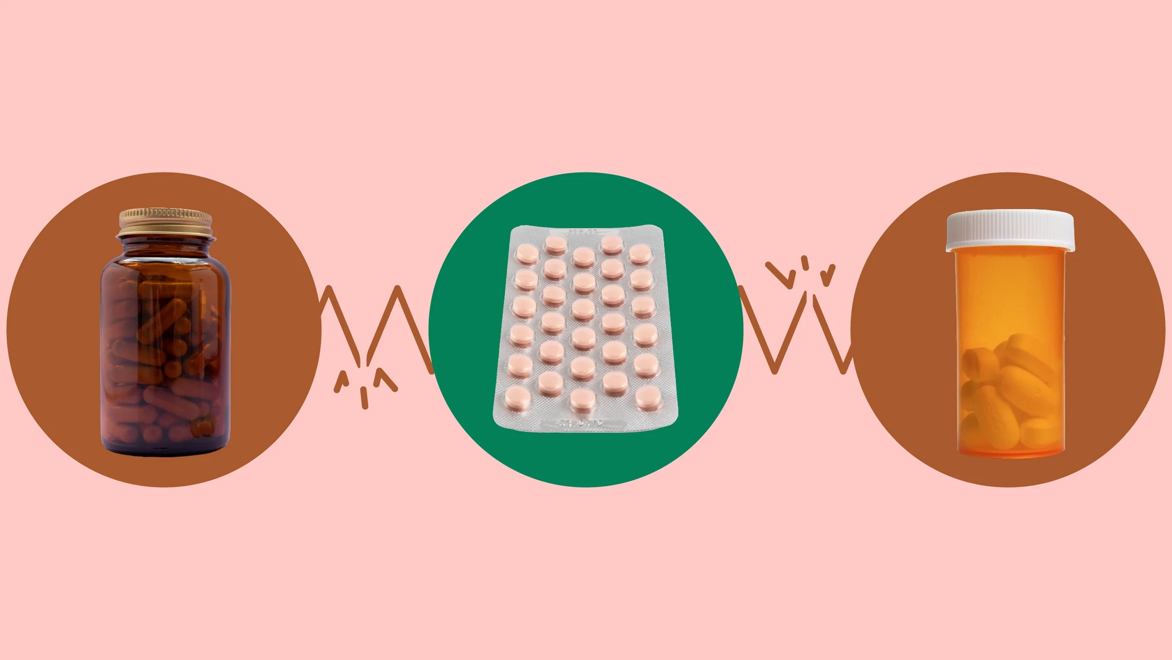 The image shows a light red background with three circles across the frame. In the center, on a green circle, is a large blister pack of peach colored pills. On the left, on a red circle, is a brown and gold supplement bottle. On the right, on a red circle, is an orange prescription bottle without a label. 