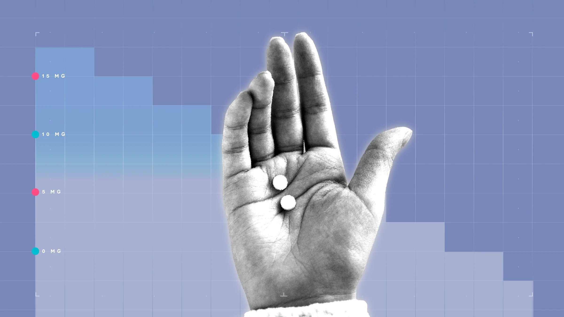 A graphic includes a light-purple graph paper background and a black-and-white image of a hand holding three round pills.