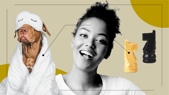 Tan background with yellow circles in the top right and bottom left corners. There is a black-and-white portrait of a woman smiling in the center. Off of her are diagram lines pointing to items representing what it feels like to be on Zoloft. One points to black-and-white chess pieces and the other points to a sleepy dog in an eye mask and blanket. 