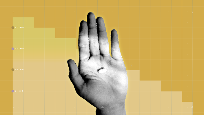 Light-orange background with graph paper texture and representational step graph. In the center is a black-and-white cutout of a hand holding a pill. 
