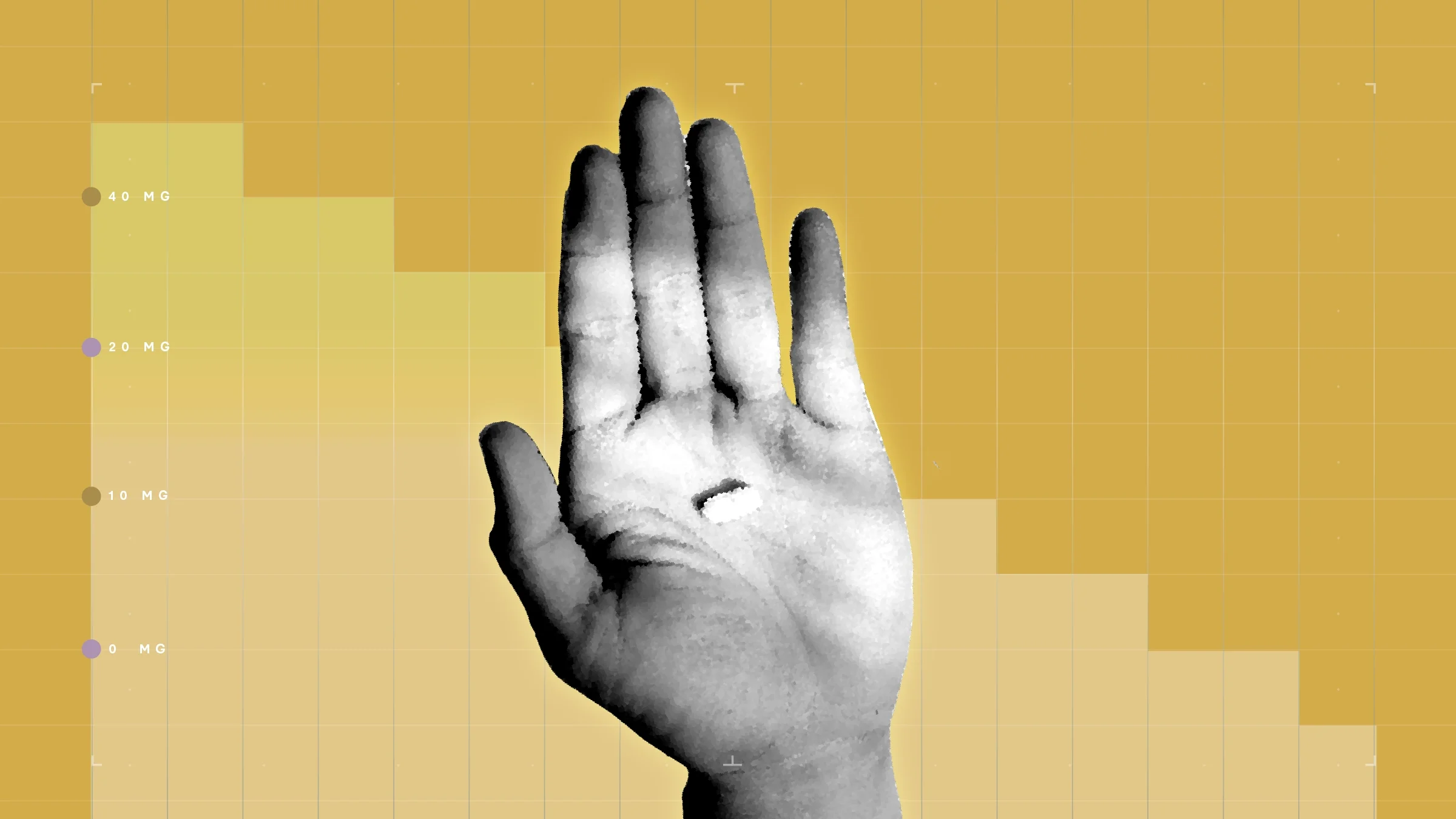 Light-orange background with graph paper texture and representational step graph. In the center is a black-and-white cutout of a hand holding a pill.