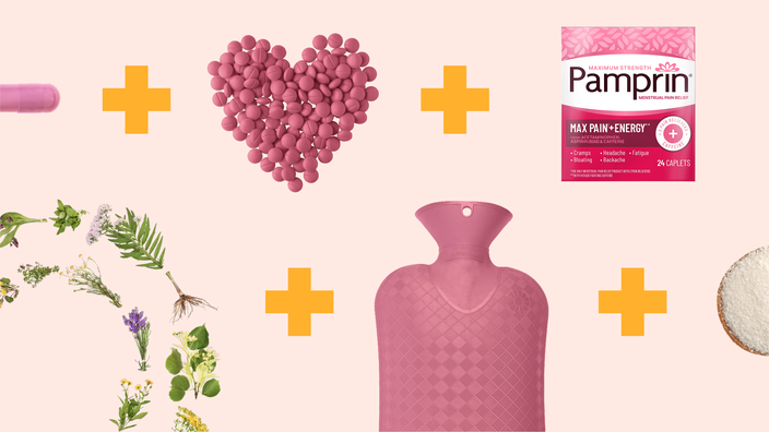 Light pink background with different items in the PMS arsenal of relief. There are yellow plus signs in between the items. The items in the top row, left to right are: Benadryl pill, OTC medication in the shape of a heart, and a Pamprin box. The items in the bottom row, left to right are: different herbal flowers, a pink hot water bottle, and a bowl of magnesium supplement. 