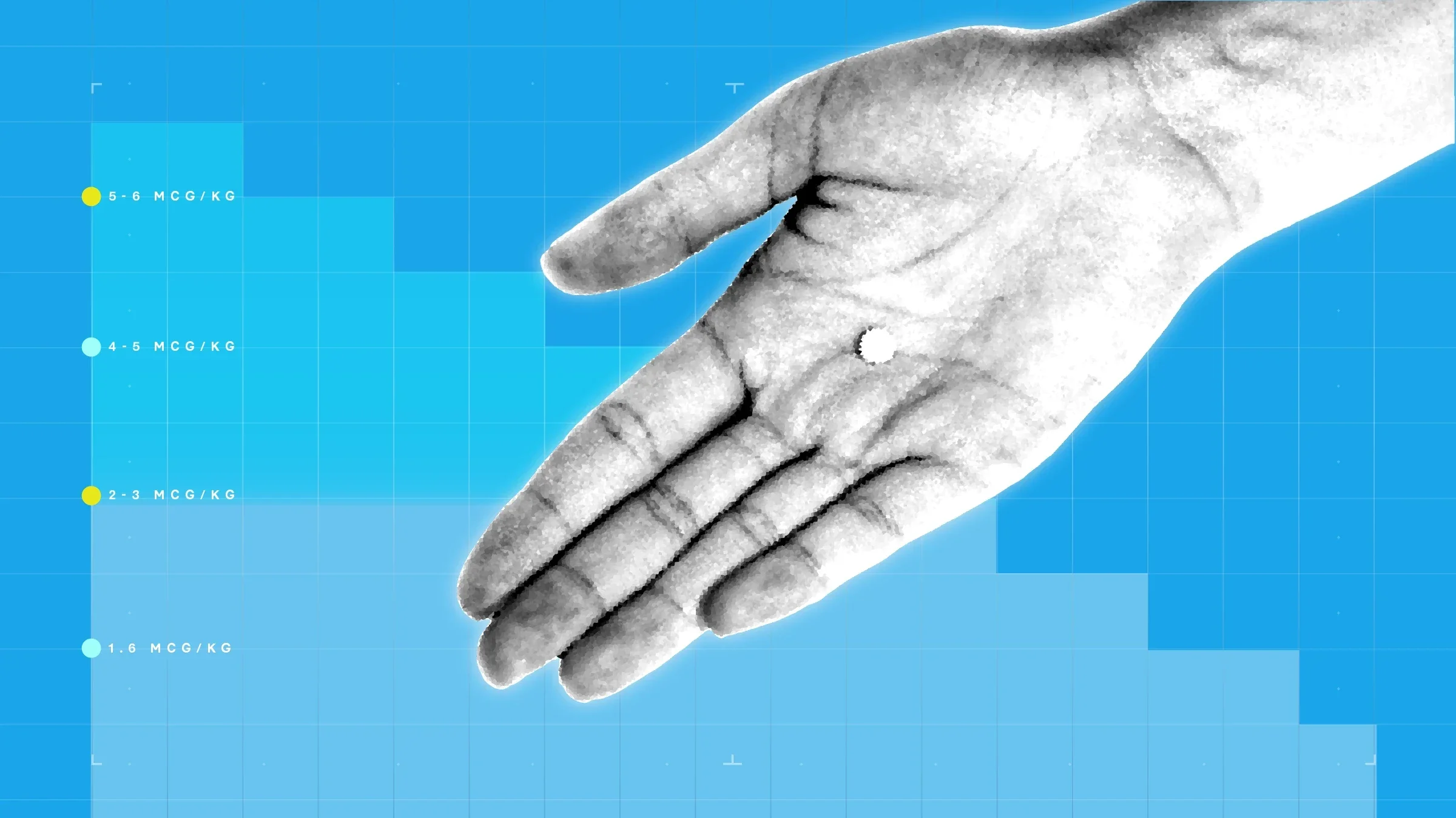 Bright blue background with graph paper texture and representational step graph. In the center is a black and white cutout of a hand holding a single round pill. 
GoodRx Health
