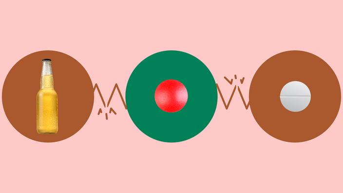 Light-red background with three circles across the frame. In the center, on a green circle, is a round red pill. On the left, on a red circle, is a cold glass bottle of beer. On the right, on a red circle, is a round white pill.