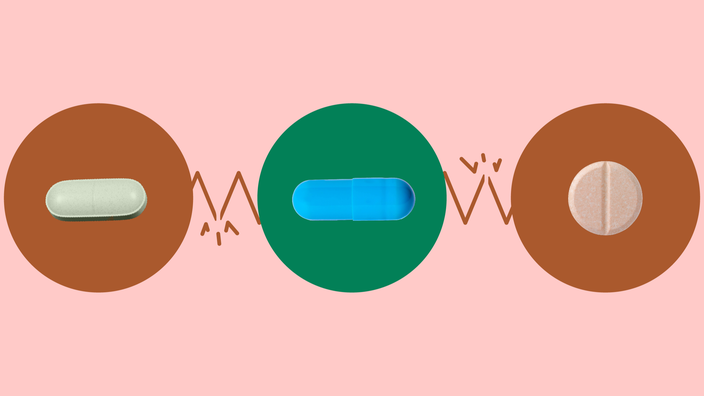 A custom graphic representing Vyvanse interactions includes images of various pills framed by circles. 