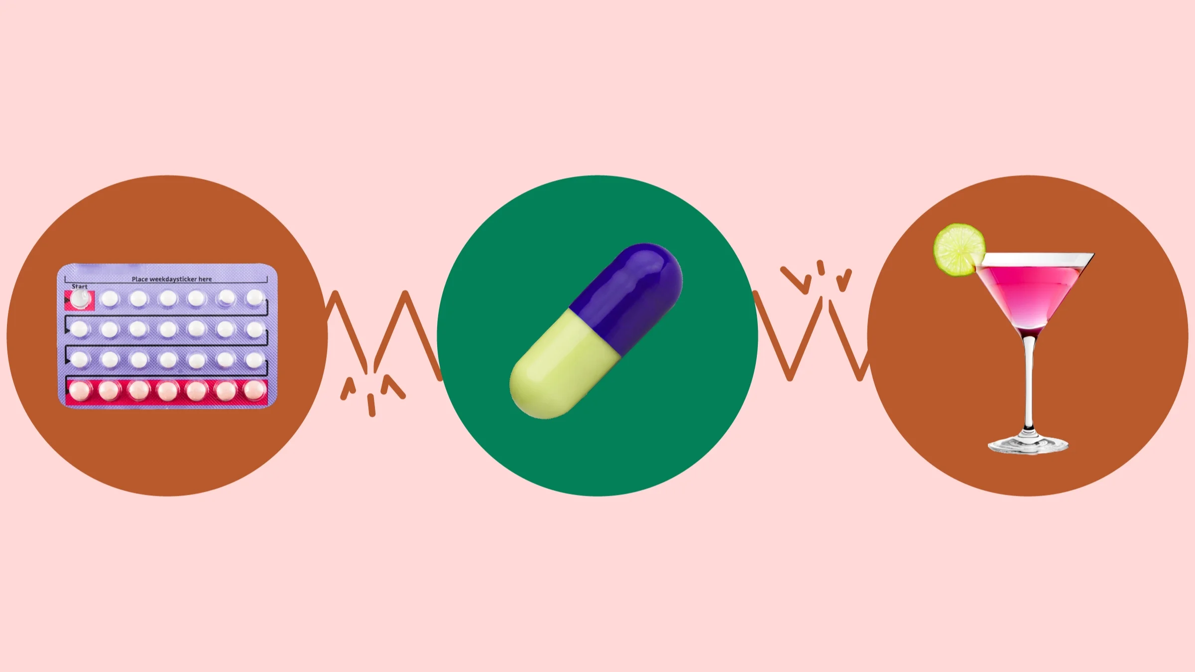 Custom graphic showcasing things that interact with Qsymia. In the center, on a green circle, is a yellow-and-purple capsule pill. On the left, on a red circle, is a packet of birth control pills. On the right, on a red circle, is a cocktail glass with a pink drink garnished with a slice of lime. The circles are connected with a broken zigzag line. 