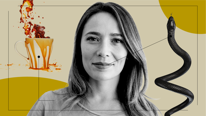 Tan background with yellow circles in the top right and bottom left corners. There is a black-and-white portrait of a woman in the center. Off of her are diagram lines pointing to items representing what TD feels like to her. One is a snake and the other is a spilled cup of coffee. 