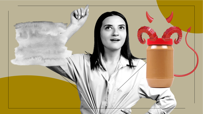 Tan background with black and white portrait of a woman in the center. She has a surprised look on her face and is pointing up. On either side of her are objects representing the feelings of her eating disorder. On her left is a water color gray gradient. On her right is a peanut butter jar in a devil costume.