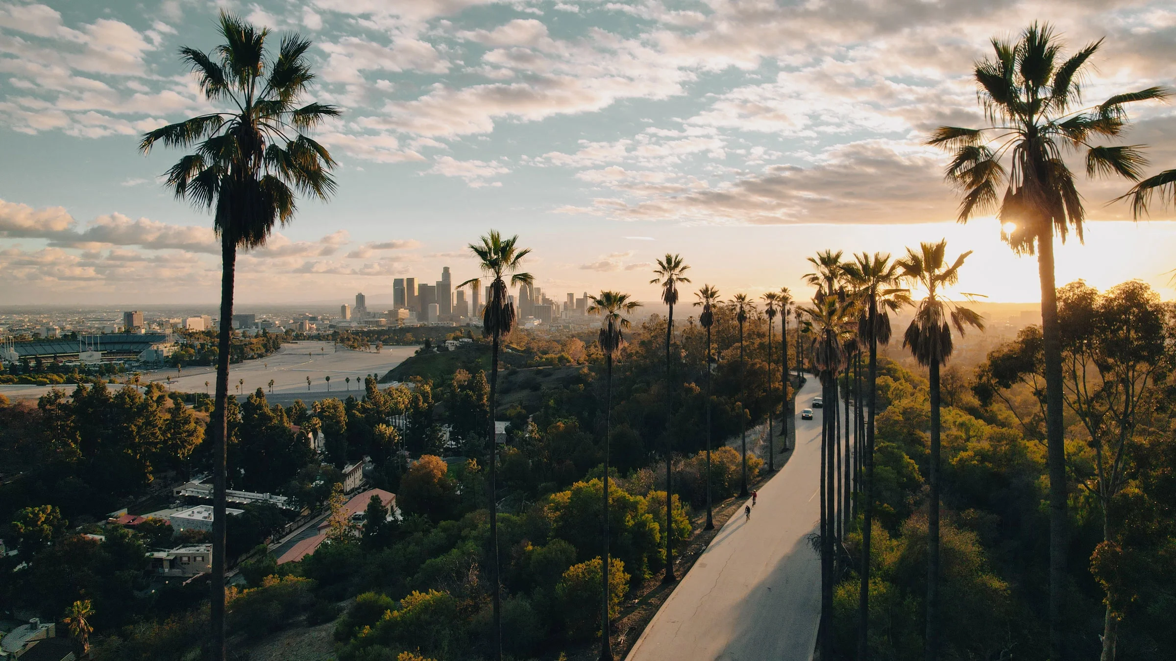 The Los Angeles skyline is pictured at sunset.