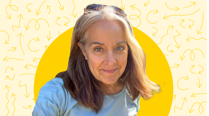 Cutout portrait of author Jere Downs with a graphic background. There is a yellow graphic circle behind her with a pattern of arrows on the yellow 