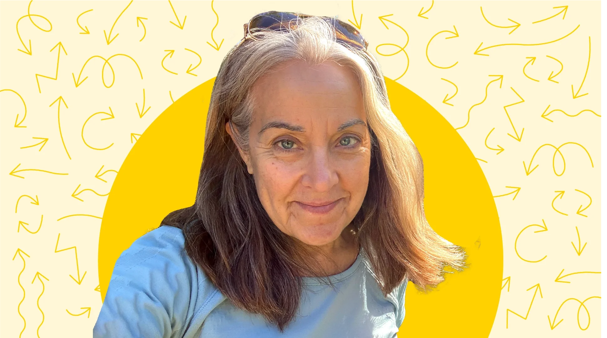Cutout portrait of author Jere Downs with a graphic background. There is a yellow graphic circle behind her with a pattern of arrows on the yellow
