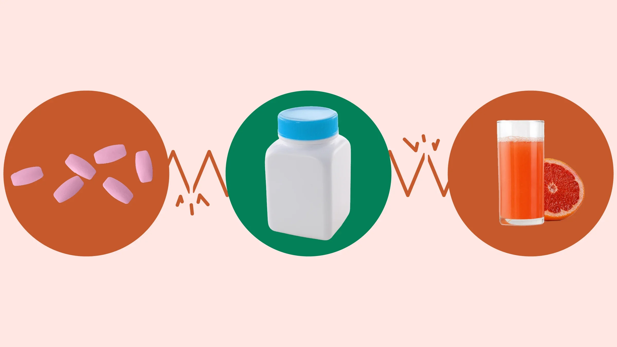 Light red background with three circles across the frame. In the center, on a green circle, is a white and blue pill bottle. On the left, on a red circle, is a group of pink pills. On the right, on a red circle, is a glass of grapefruit juice with a half a grapefruit.
GoodRx Health