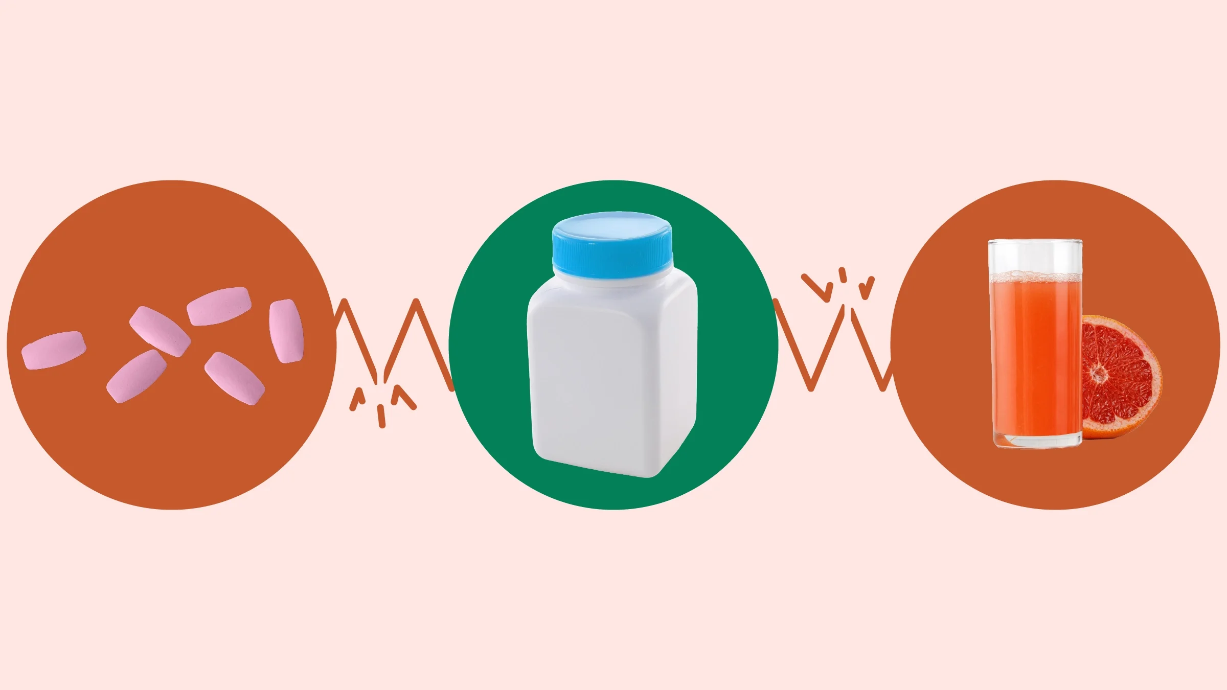 Light red background with three circles across the frame. In the center, on a green circle, is a white and blue pill bottle. On the left, on a red circle, is a group of pink pills. On the right, on a red circle, is a glass of grapefruit juice with a half a grapefruit.