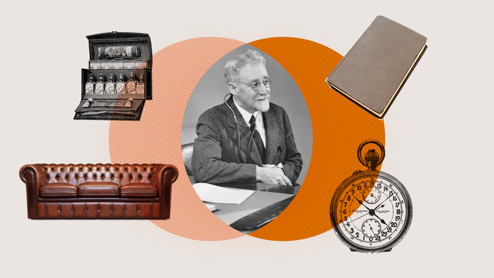 Custom graphic showing the concept of the intersection of health and the workplace. Images include a vintage doctor, a psychologist's couch, book, stopwatch, and medicine box.