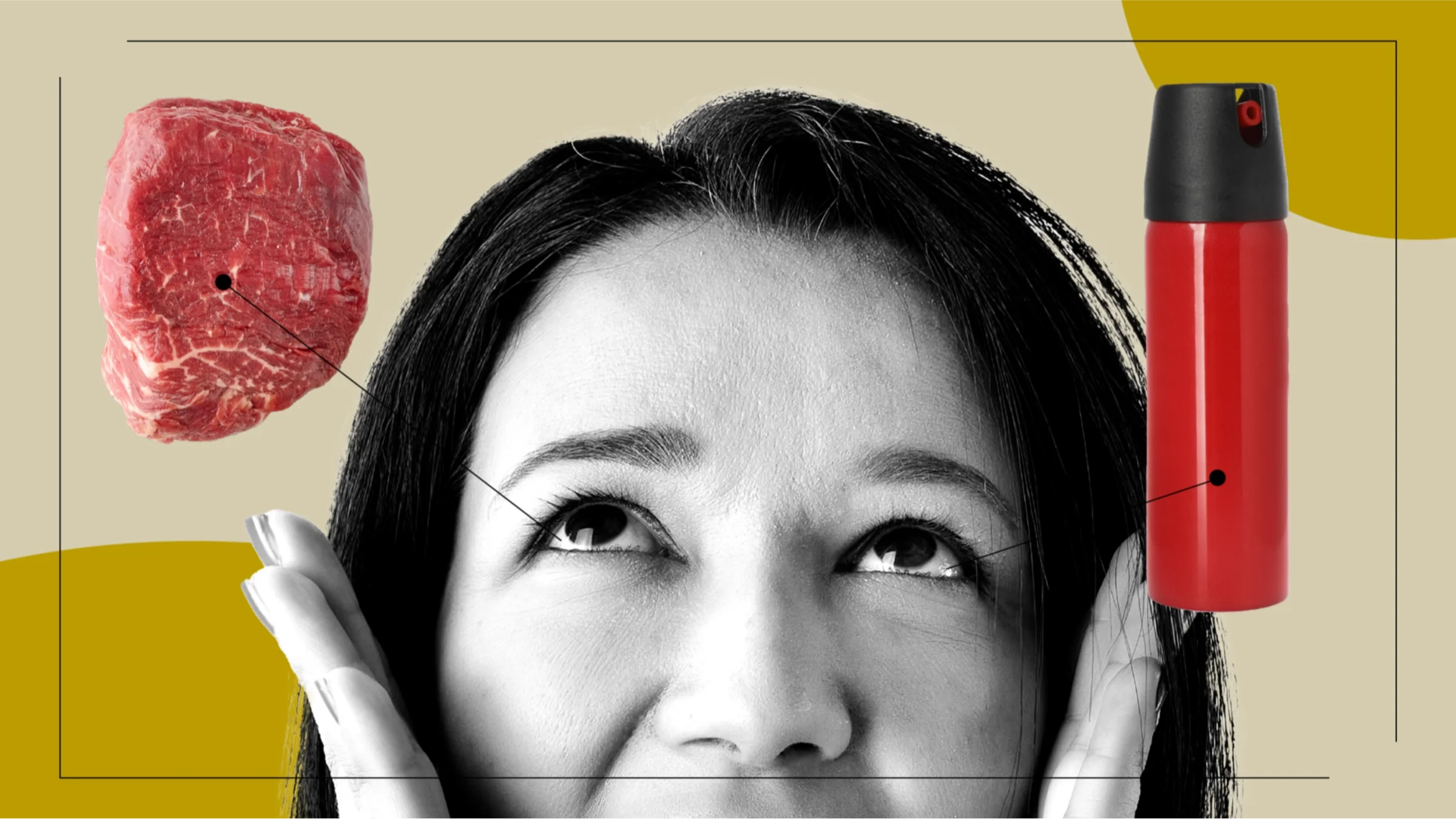 Tan background with yellow circles in the bottom left and top right corners. There is a close-up black-and-white photo of a woman’s eyes looking upward. Off of her there are diagram lines pointing to what side effects of Restasis feel like. On the left is a raw piece of meat and on the right is a red can of pepper spray. 