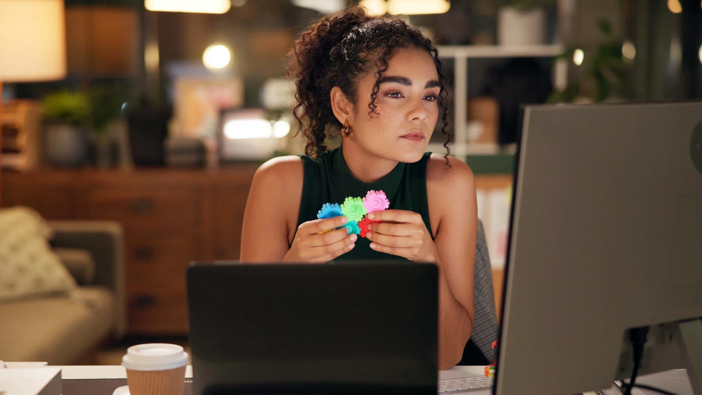 A woman is using a fidget toy for ADHD at her desk.
Jacob Wackerhausen/iStock via Getty Images Plus         