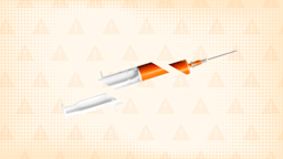 Light orange background with halftone texture and warning sign pattern. In the center is a syringe filled with an orange substance cut into thirds. 
GoodRx Health