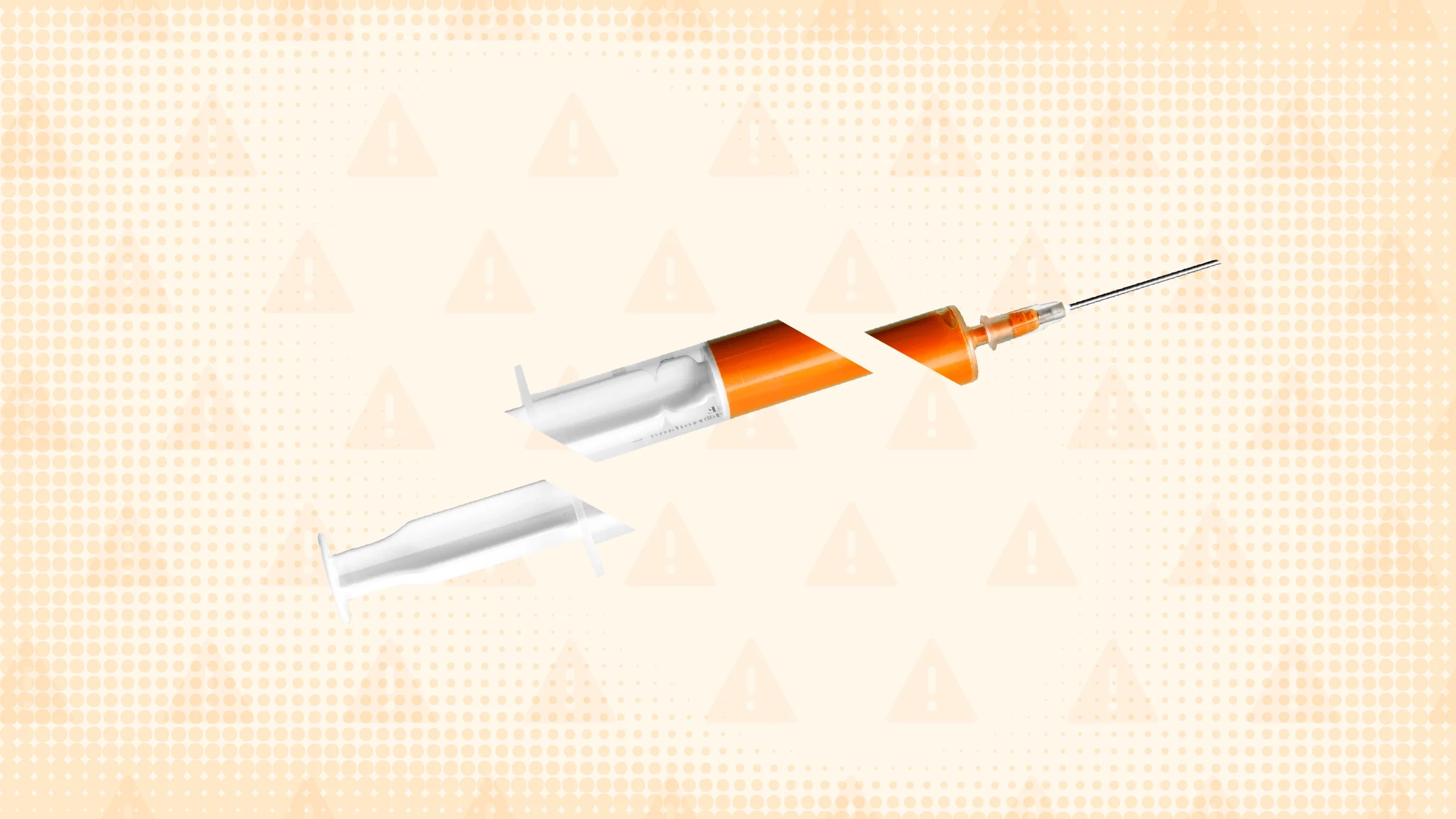 Light orange background with halftone texture and warning sign pattern. In the center is a syringe filled with an orange substance cut into thirds. 
