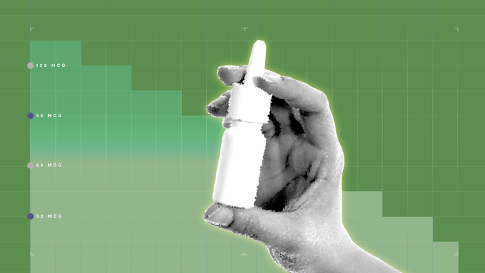 Light-green background with graph paper texture and representational step graph. In the center is a black-and-white cutout of a hand holding a bottle of nasal spray.