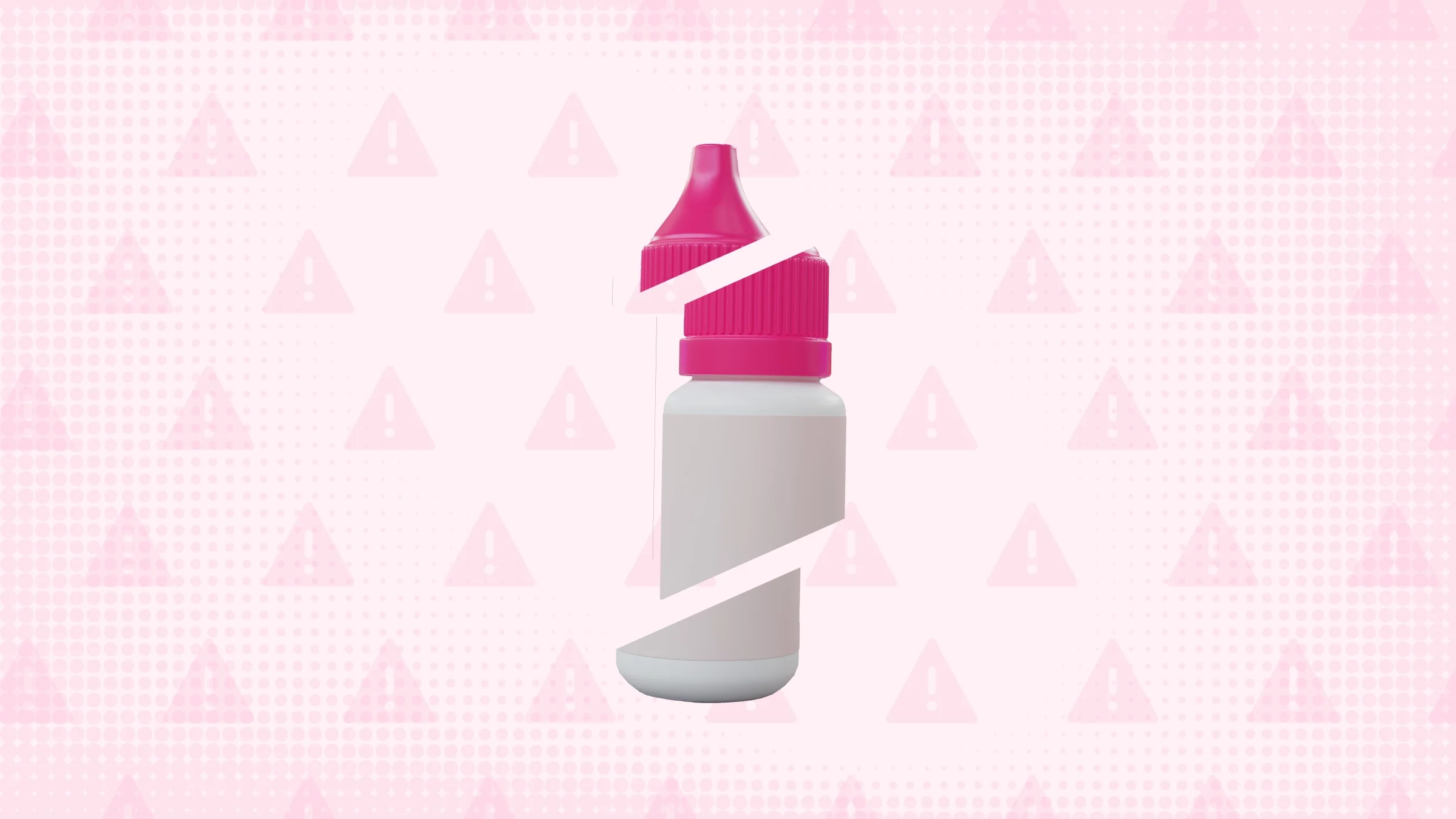 A graphic includes a light-pink background with warning signs and a white and pink eye drop bottle cut into thirds. 