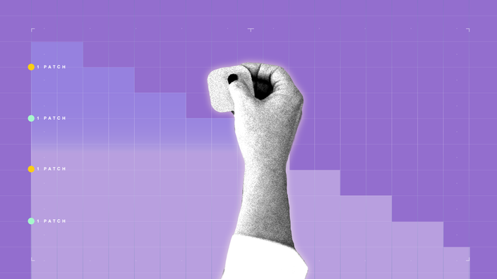 Light-purple background with graph paper texture and representational step graph. In the center is a black-and-white cutout of a hand holding a square medication patch.