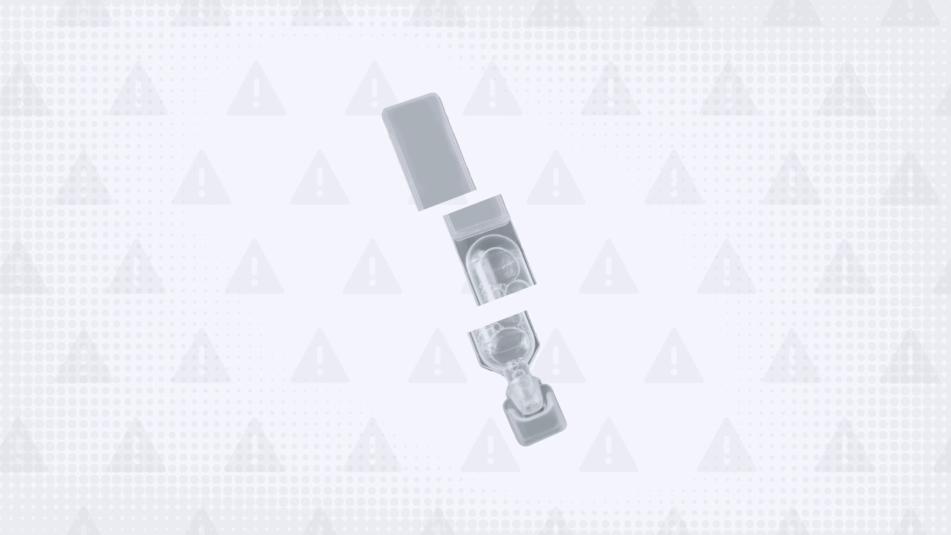 In the center of a light gray background with texture and warning sign pattern is a disposable eye drop packet cut into thirds.