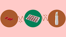 Light-red background with three circles across the frame. In the center, on a green circle, is a blister pack of red gel pills. On the left, on a red circle, are three red vitamin A pills. On the right, on a red circle, is a retinol bottle.
GoodRx Health 