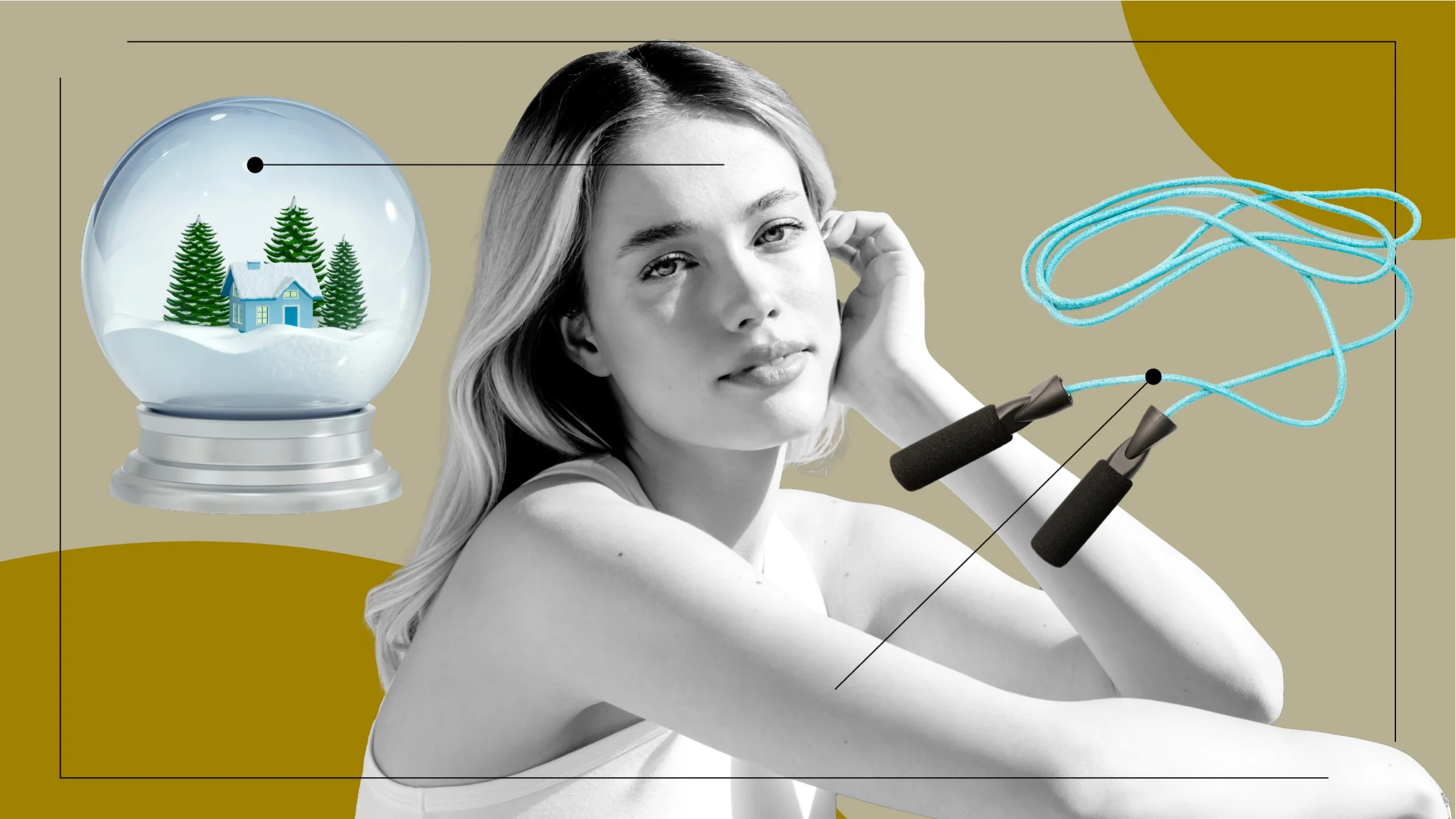 Tan background with black-and-white portrait of a woman holding her arms around her knees. Off of her are diagram lines pointing to objects representing the feelings and ideas Alyssa associates with cystic fibrosis: a jump rope on the right, and a snowglobe on the left.