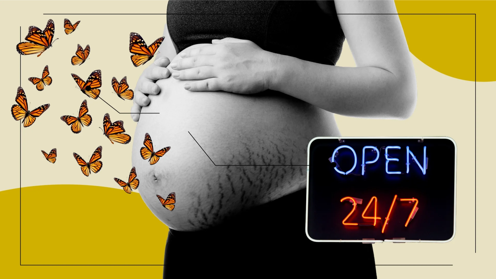 A graphic representing morning sickness includes a photo of a pregnant person’s midsection, butterflies, and a neon sign that reads “Open 24/7.”