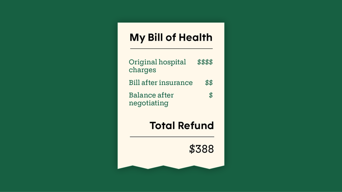 A custom graphic includes an image of a receipt with “My Bill of Health” written at the top. At the bottom, the receipt lists a total refund of $388.