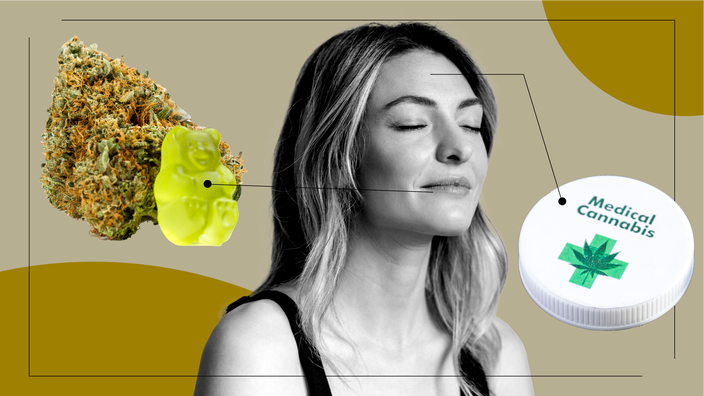 Tan background with a black-and-white cutout of a woman with her eyes closed looking calm. Off of her are diagram lines pointing to objects representing using edibles for anxiety. On the left is a cannabis bud with a gummy bear edible. On the right is a cap to a medical cannabis bottle. 