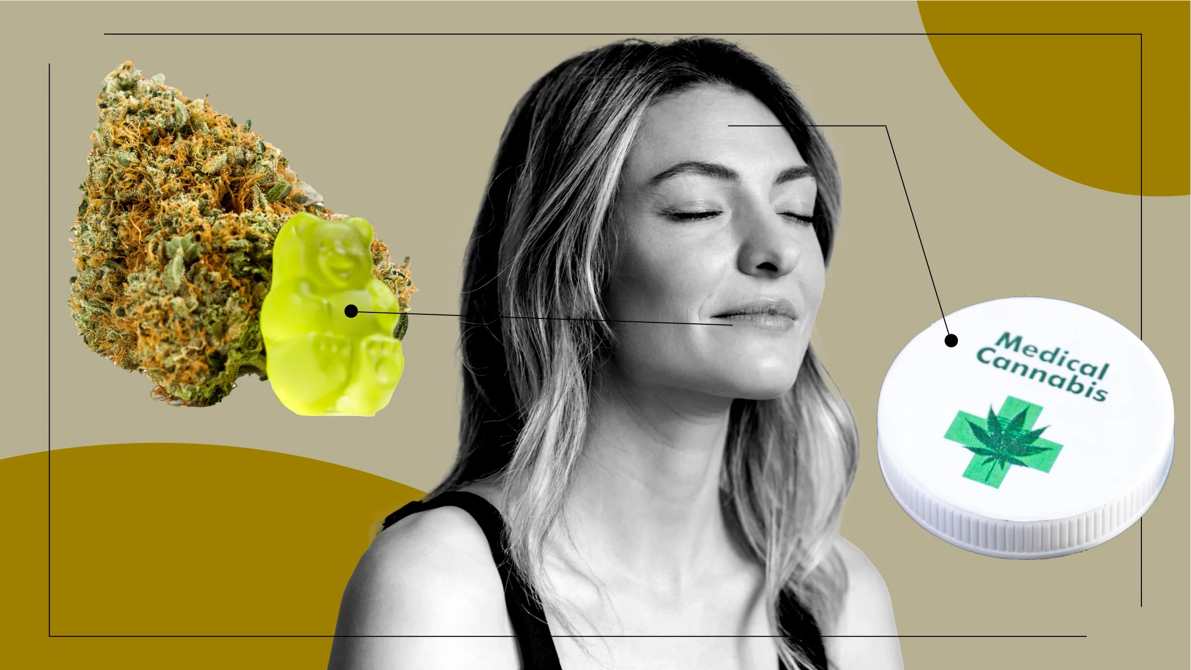 Tan background with a black-and-white cutout of a woman with her eyes closed looking calm. Off of her are diagram lines pointing to objects representing using edibles for anxiety. On the left is a cannabis bud with a gummy bear edible. On the right is a cap to a medical cannabis bottle.