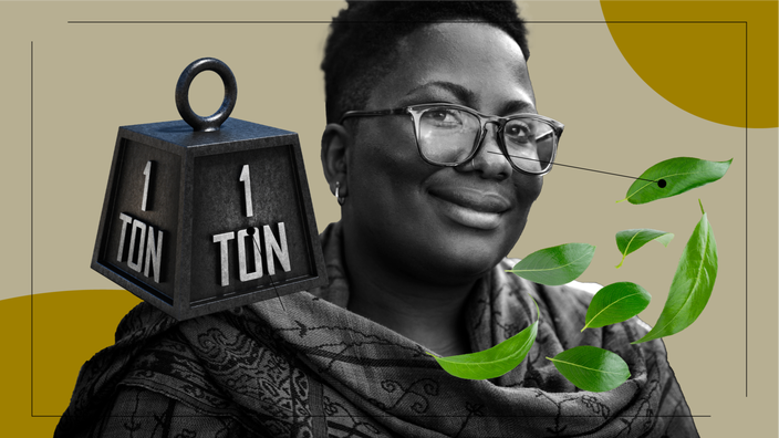 A graphic includes a portrait of a woman and images, like falling leaves, representing what it’s like to take Singular.