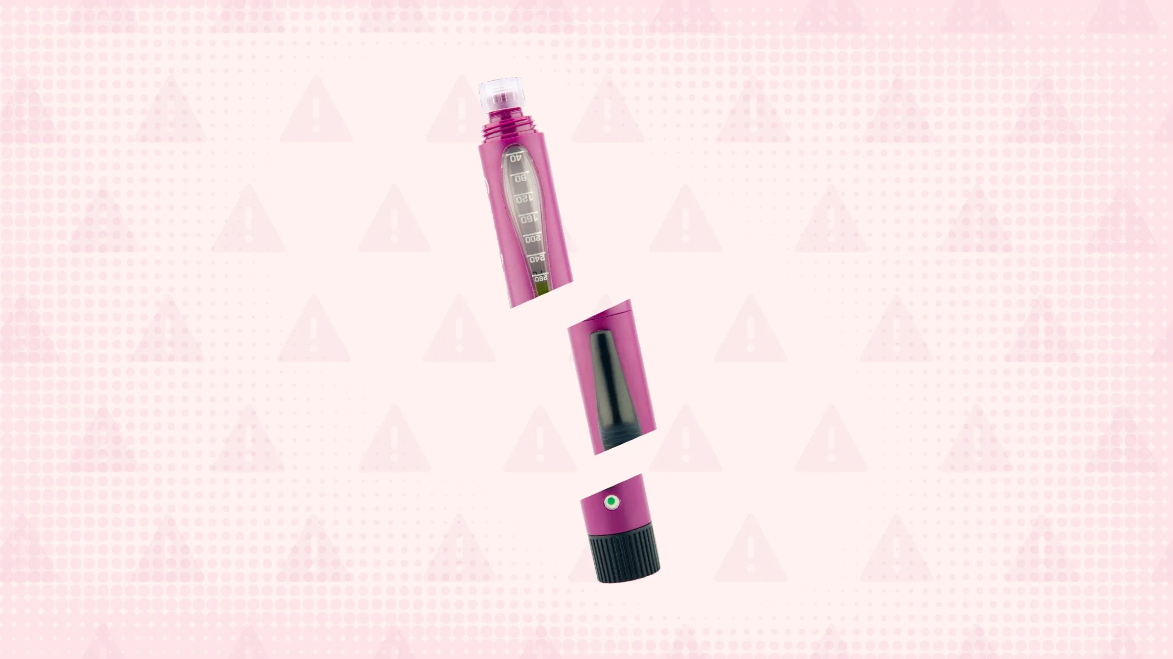 Light pink background with a halftone texture and warning sign pattern. In the center is a medication pen sliced into three sections.