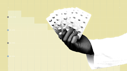 Light yellow background with graph paper texture and representational step graph. In the center is a gloved doctor's hand holding multiple blister packs of pills. 
GoodRx Health