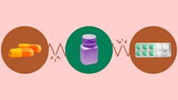 Custom graphic showcasing vardenafil and drugs that interact with it. In the center, on a green circle, is a purple pill bottle. On the right, on a red circle, is a blister pack of round green pills. On the left, on a red circle, are two orange capsule pills.
GoodRx Health 
