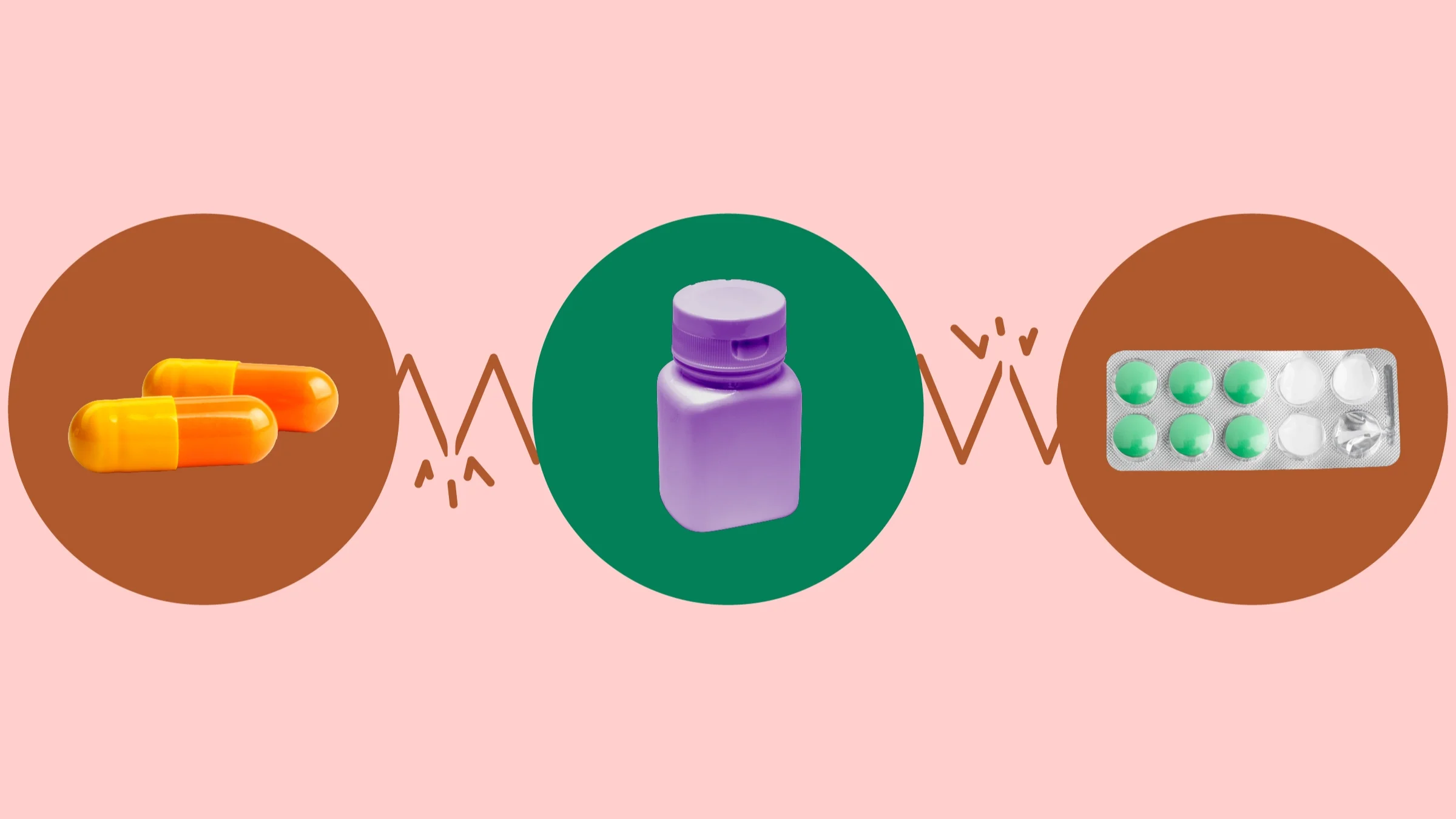 Custom graphic showcasing vardenafil and drugs that interact with it. In the center, on a green circle, is a purple pill bottle. On the right, on a red circle, is a blister pack of round green pills. On the left, on a red circle, are two orange capsule pills.