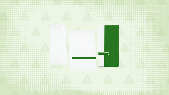 In the center of a light green background with texture and warning sign pattern is a white and green prescription box cut into thirds. 