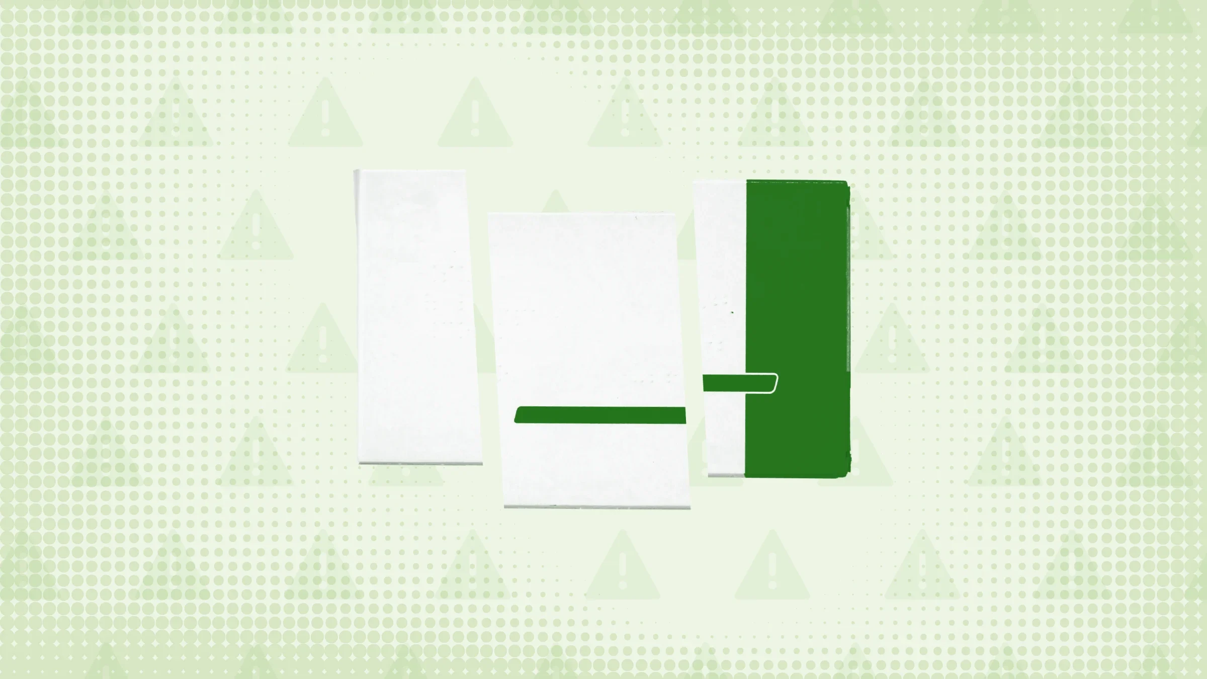 In the center of a light green background with texture and warning sign pattern is a white and green prescription box cut into thirds. 
GoodRx Health