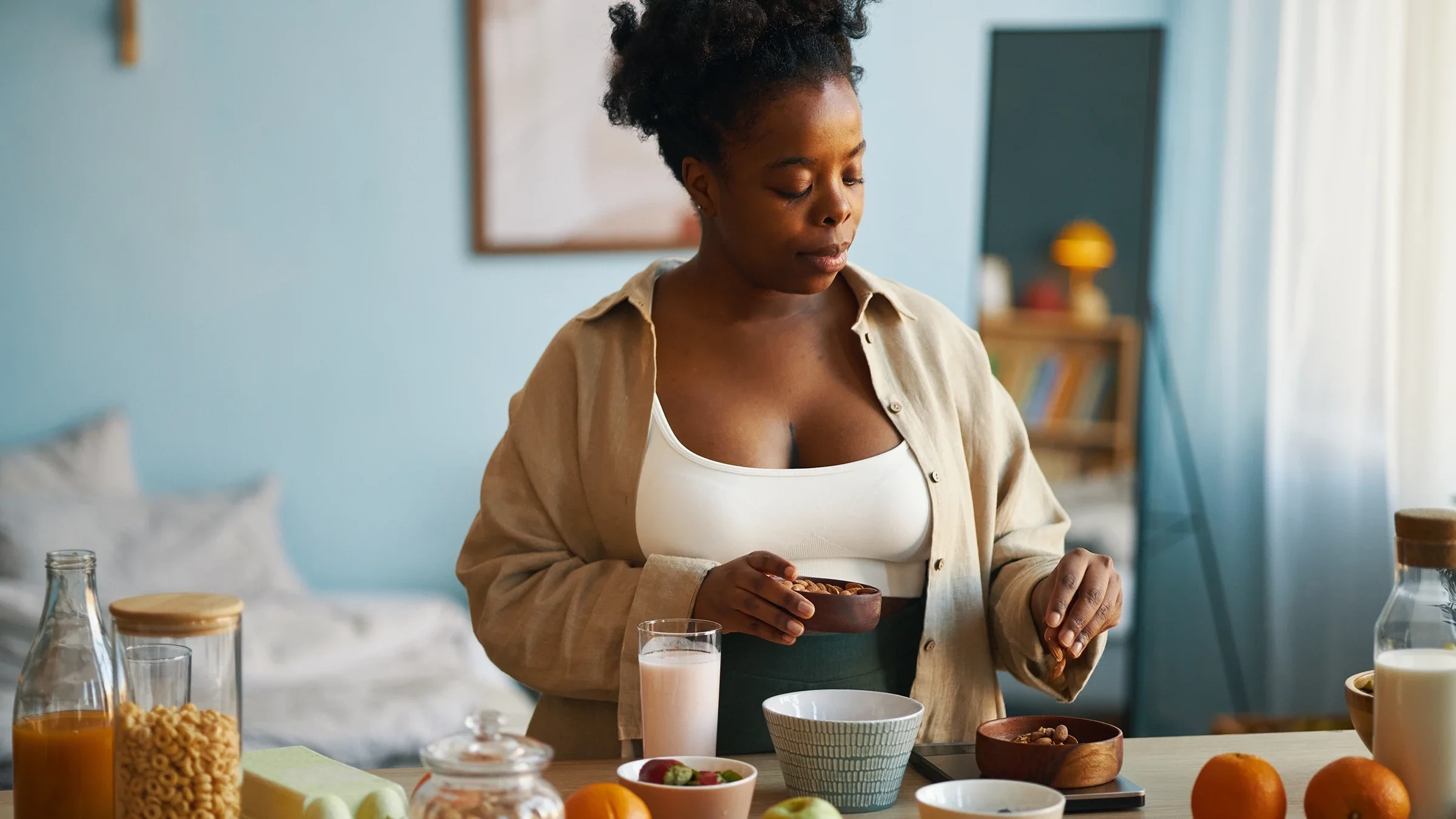 A woman prepares a nutritious breakfast.
