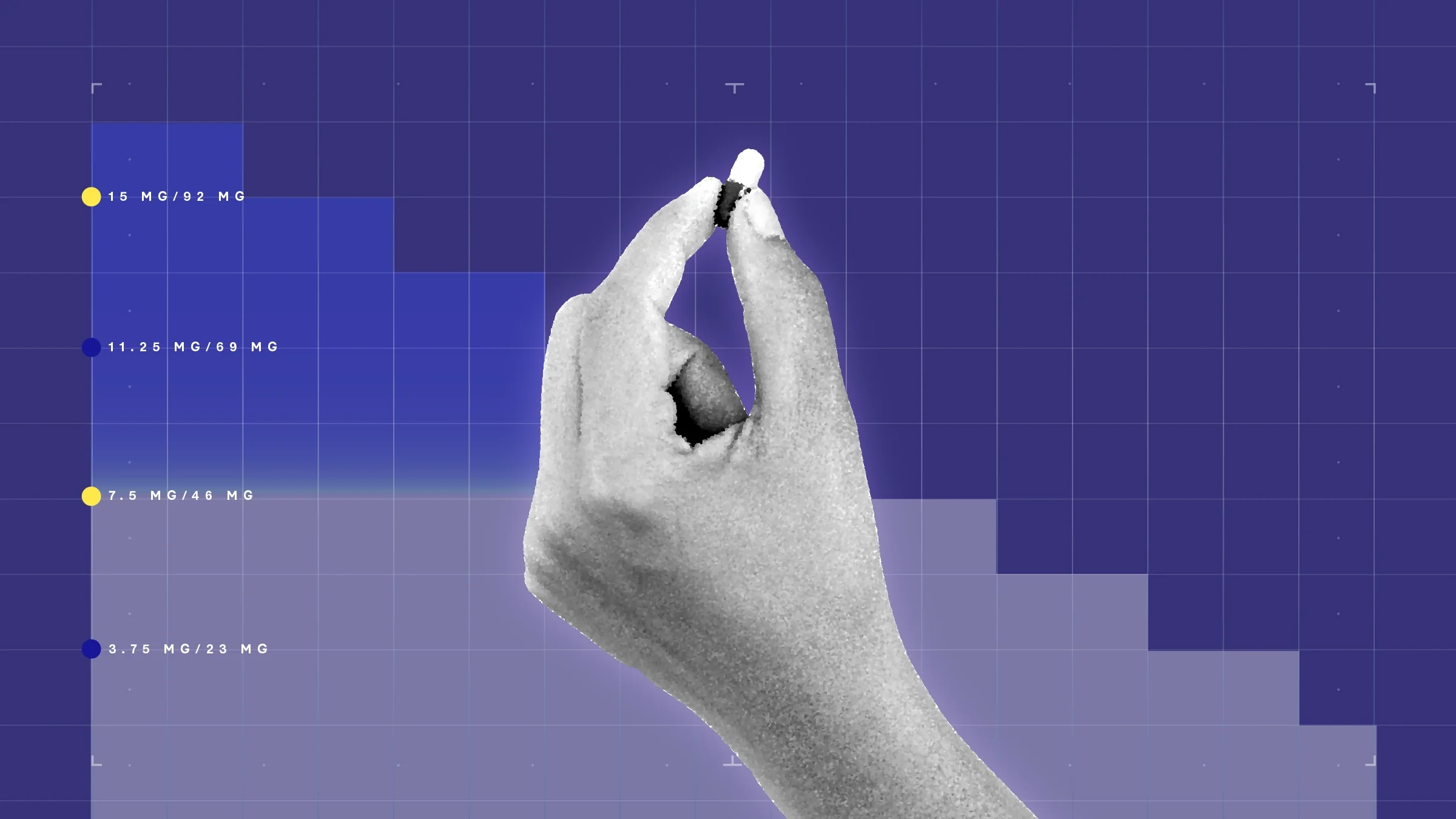 In the center of a purple background with graph paper texture and representational step graph is a black and white cutout of a hand holding a capsule pill.