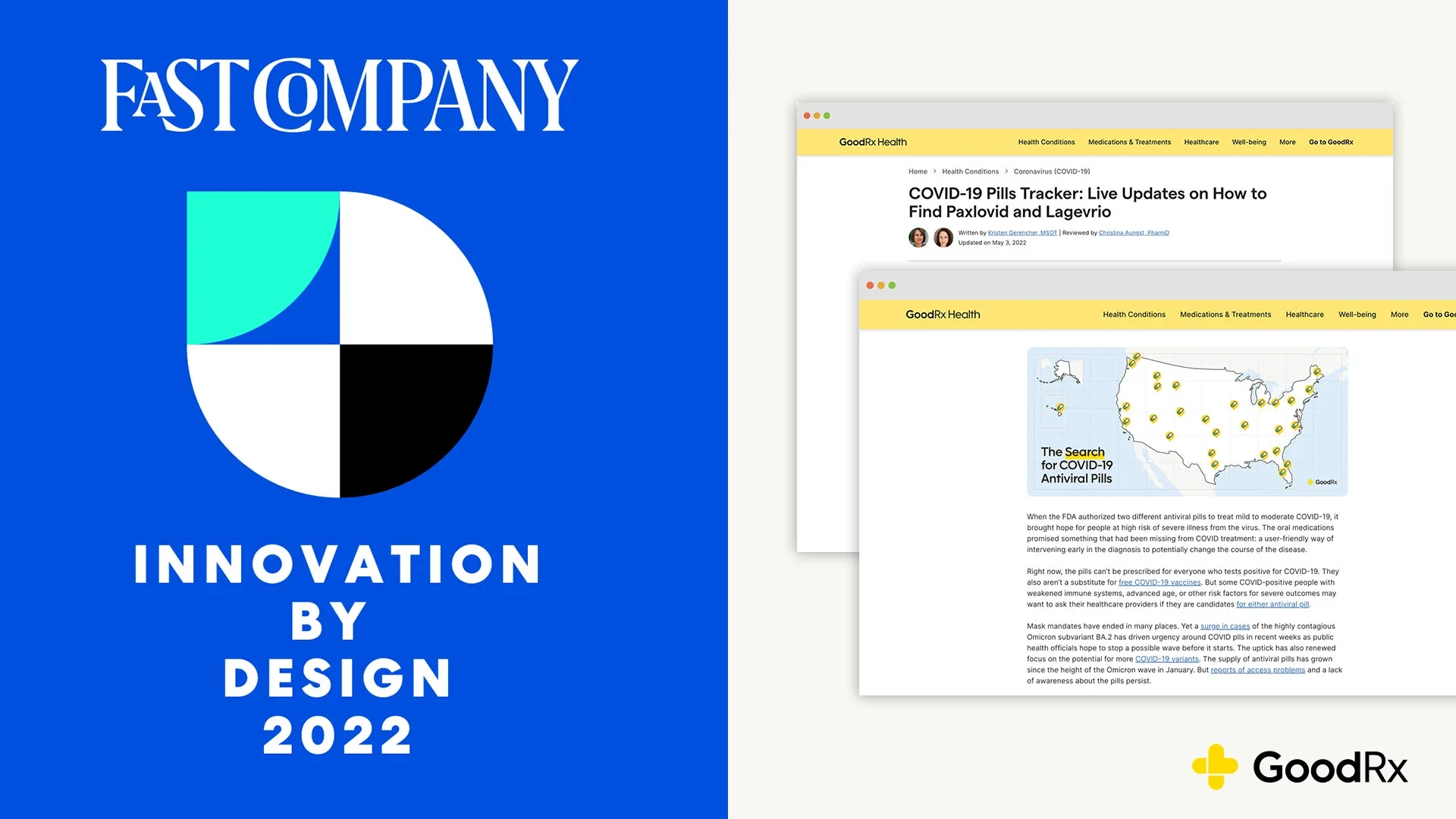 Fast Company Innovation by Design Award logo and screenshots of GoodRx Health pages.
