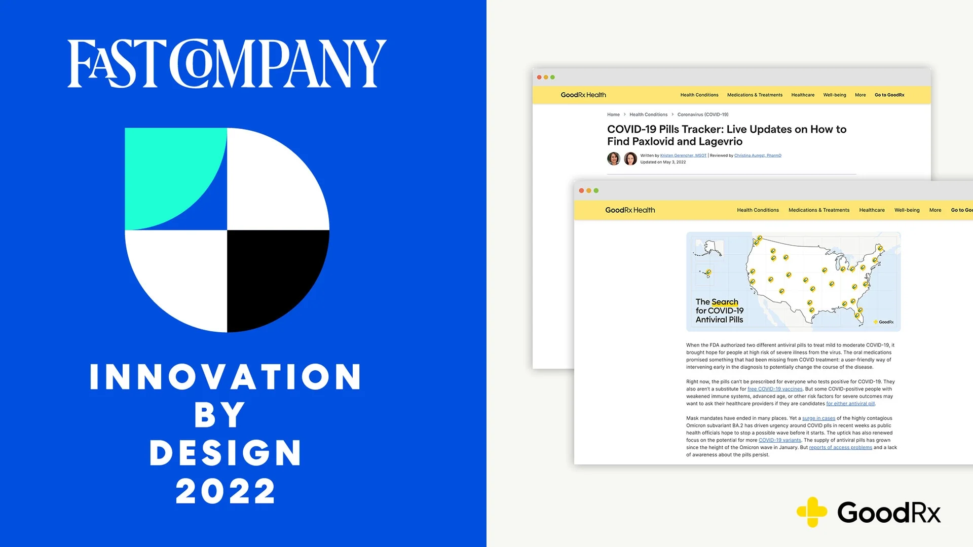 Fast Company Innovation by Design Award logo and screenshots of GoodRx Health pages.